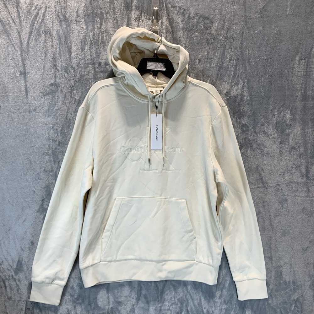 Calvin Klein Men's Sweatshirt S Hoodie Off White Embroidered CK Logo Minimalist